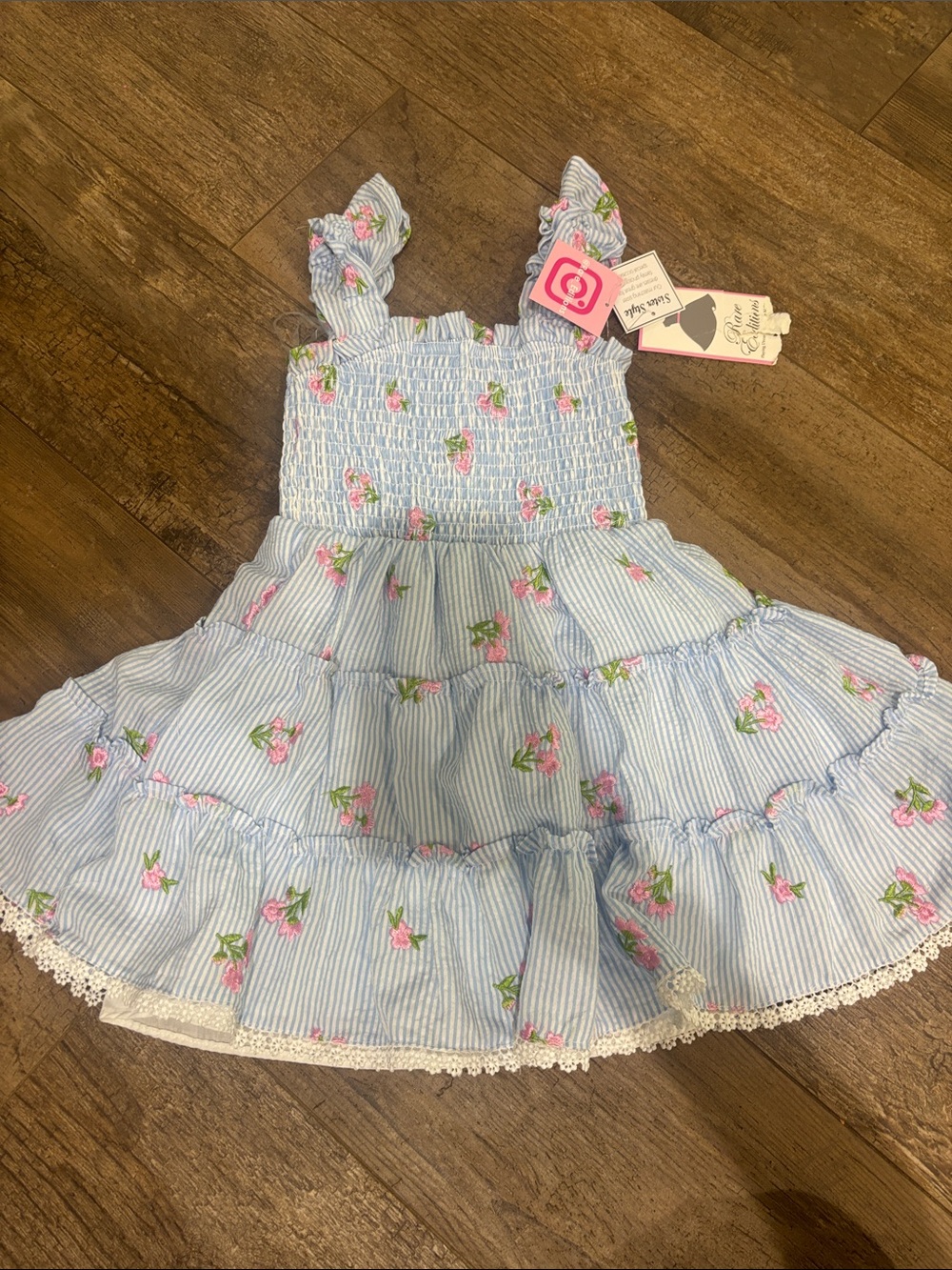 NWT - Rare Editions Blue & Pink Striped Floral Tiered Dress
